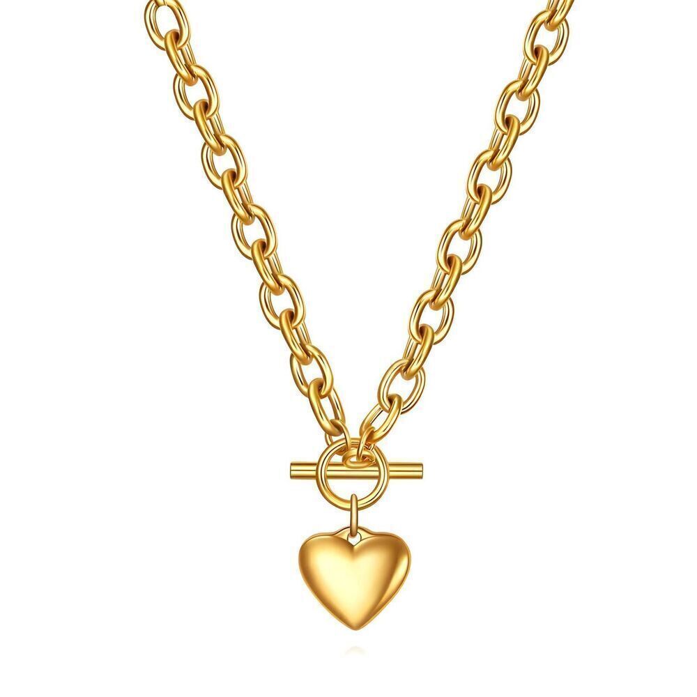 18K Gold Plated Stainless Steel "Heart" Necklace Chunky Women's Jewelry